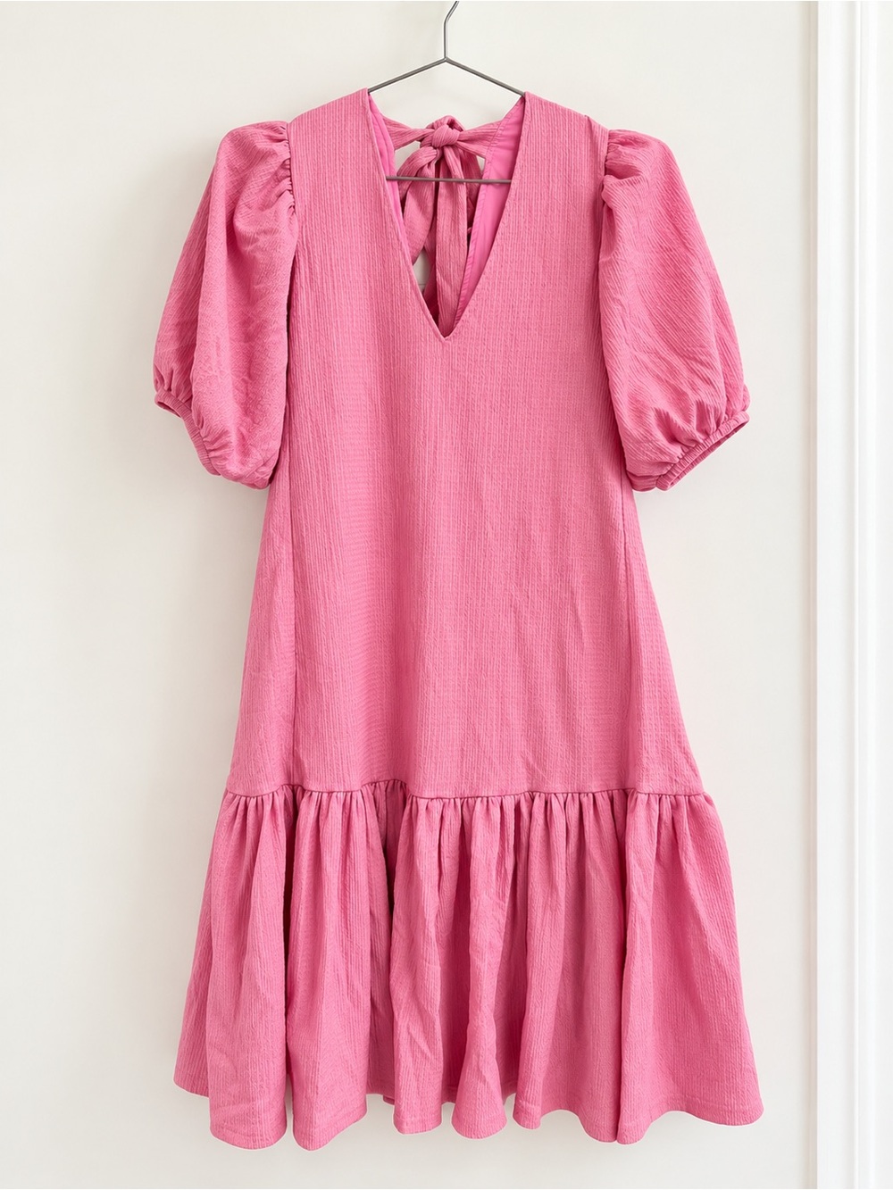 MELLODAY Rose Pink V-Neck Puff-Sleeve Tiered Midi Dress